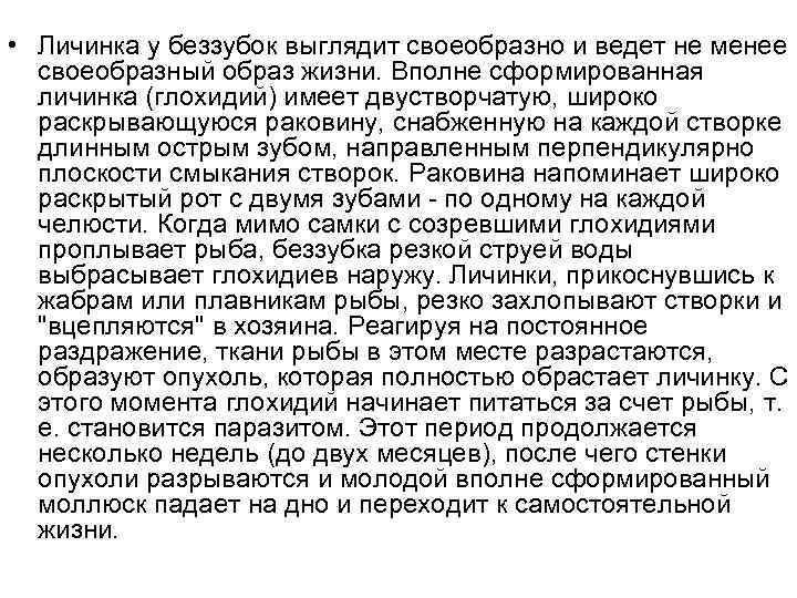  • Личинка у беззубок выглядит своеобразно и ведет не менее своеобразный образ жизни.