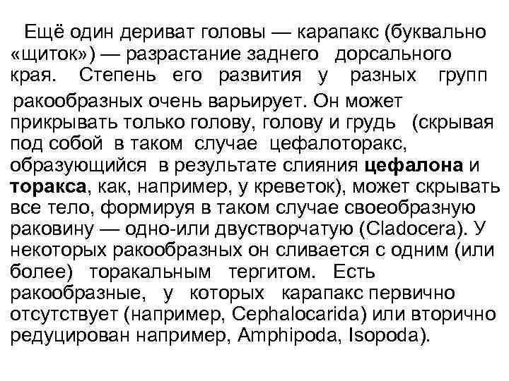 Ещё один дериват головы — карапакс (буквально «щиток» ) — разрастание заднего дорсального края.