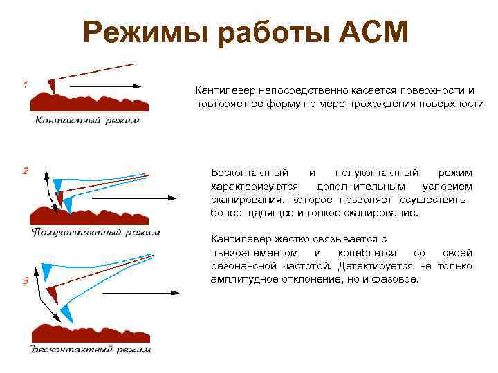 Режимы работы АСМ Кантилевер непосредственно касается поверхности и повторяет её форму по мере прохождения