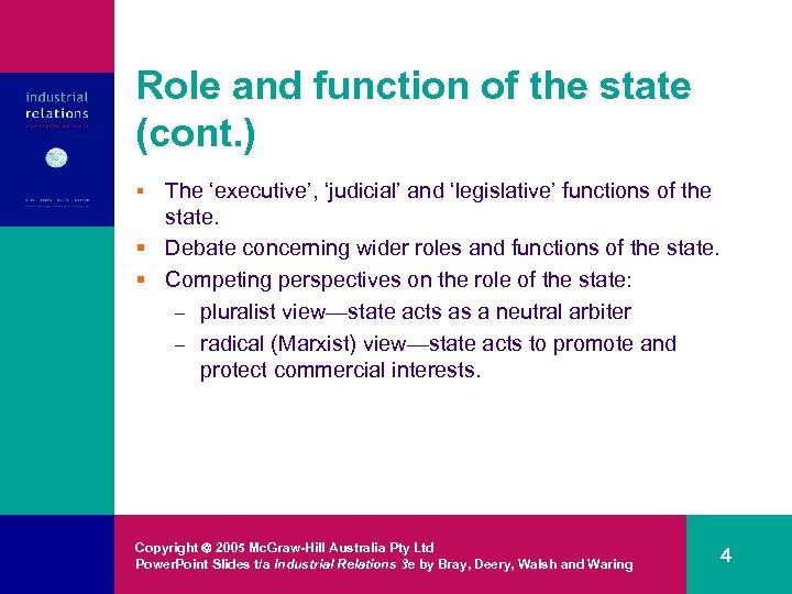 Role and function of the state (cont. ) The ‘executive’, ‘judicial’ and ‘legislative’ functions