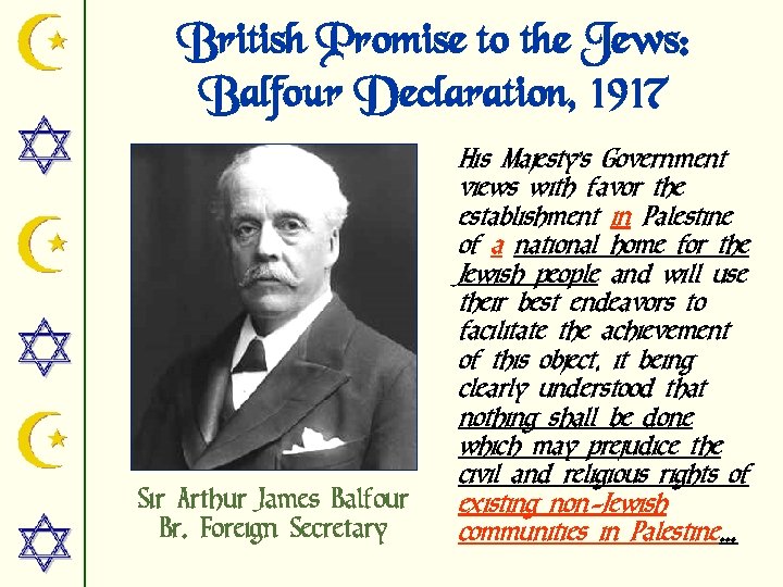 British Promise to the Jews: Balfour Declaration, 1917 Sir Arthur James Balfour Br. Foreign