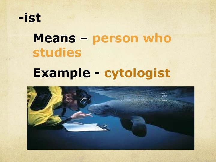 -ist Means – person who studies Example - cytologist 