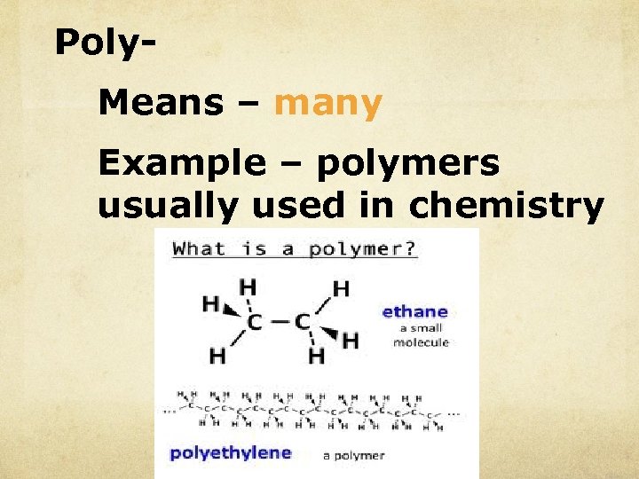 Poly. Means – many Example – polymers usually used in chemistry 