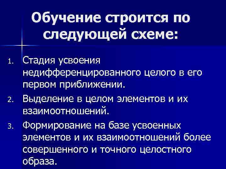 Обучение строится по следующей схеме: 1. 2. 3. Стадия усвоения недифференцированного целого в его