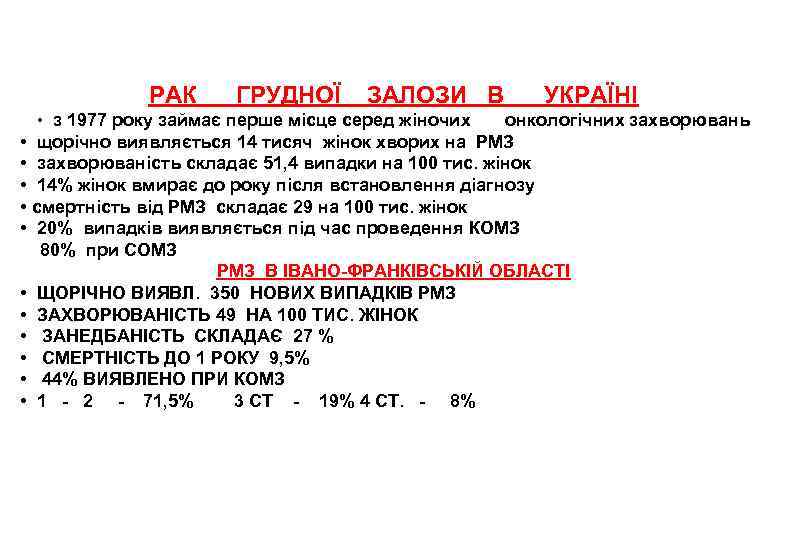 РАК ГРУДНОЇ ЗАЛОЗИ В УКРАЇНІ • з 1977 року займає перше місце серед жіночих