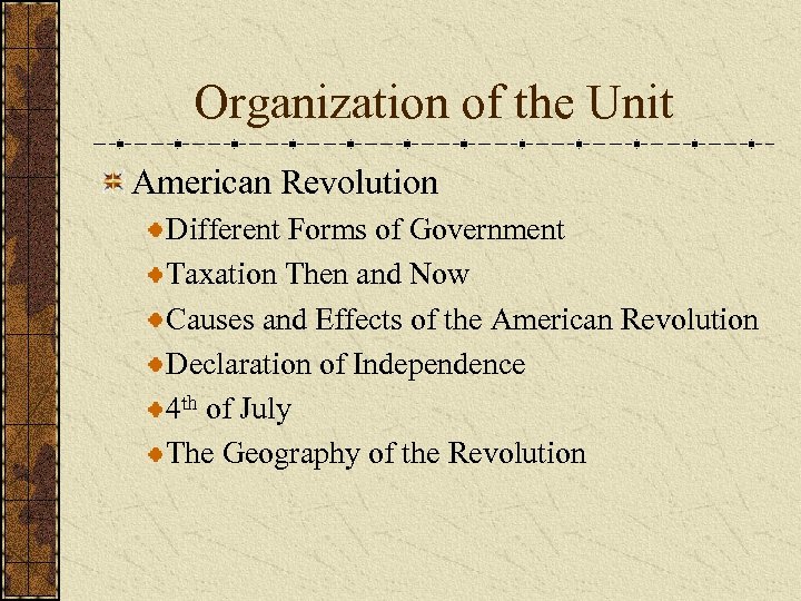 Organization of the Unit American Revolution Different Forms of Government Taxation Then and Now