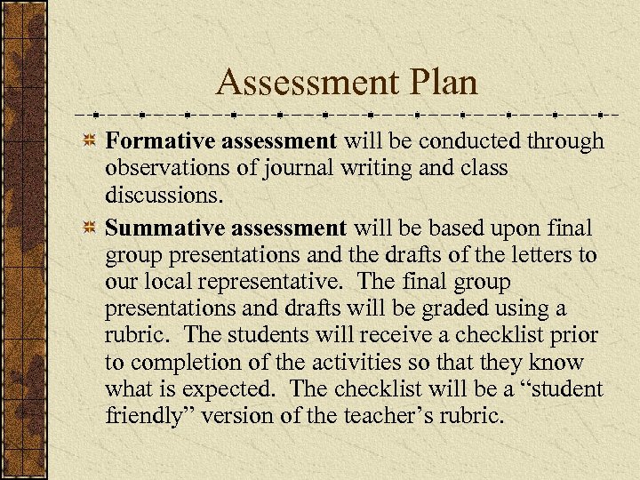 Assessment Plan Formative assessment will be conducted through observations of journal writing and class