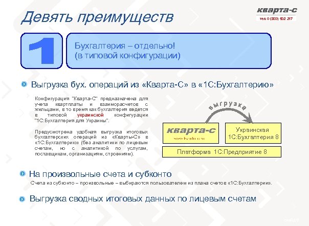 Девять преимуществ тел. 0 (800) 502 217 Бухгалтерия – отдельно! (в типовой конфигурации) Выгрузка