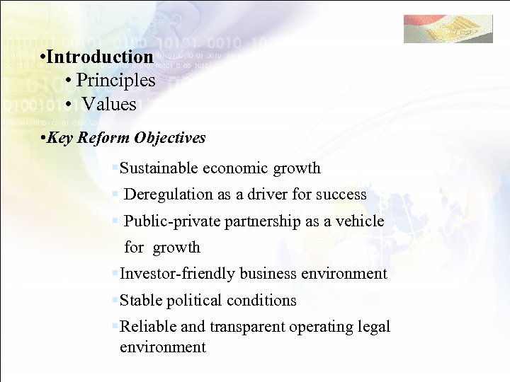  • Introduction • Principles • Values • Key Reform Objectives § Sustainable economic