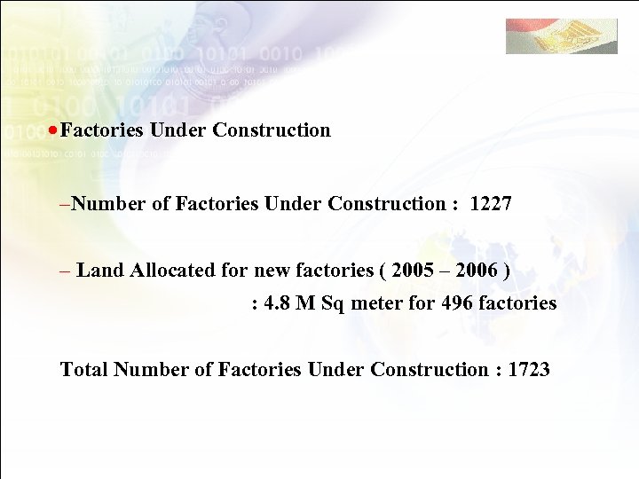 · Factories Under Construction –Number of Factories Under Construction : 1227 – Land Allocated