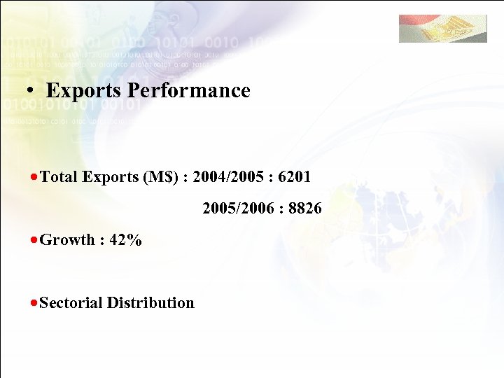  • Exports Performance · Total Exports (M$) : 2004/2005 : 6201 2005/2006 :