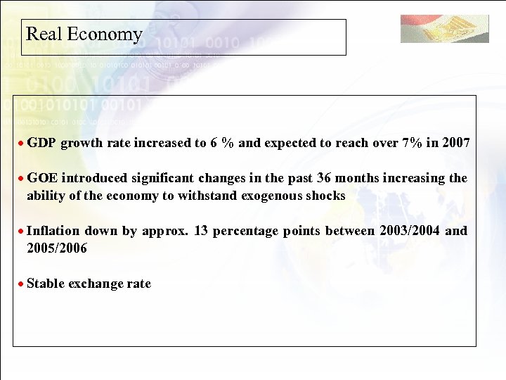 Real Economy · GDP growth rate increased to 6 % and expected to reach