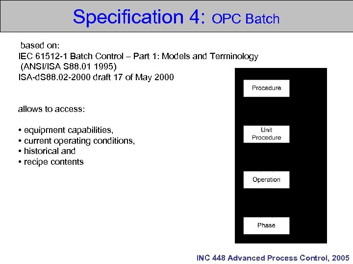 Specification 4: OPC Batch based on: IEC 61512 -1 Batch Control – Part 1: