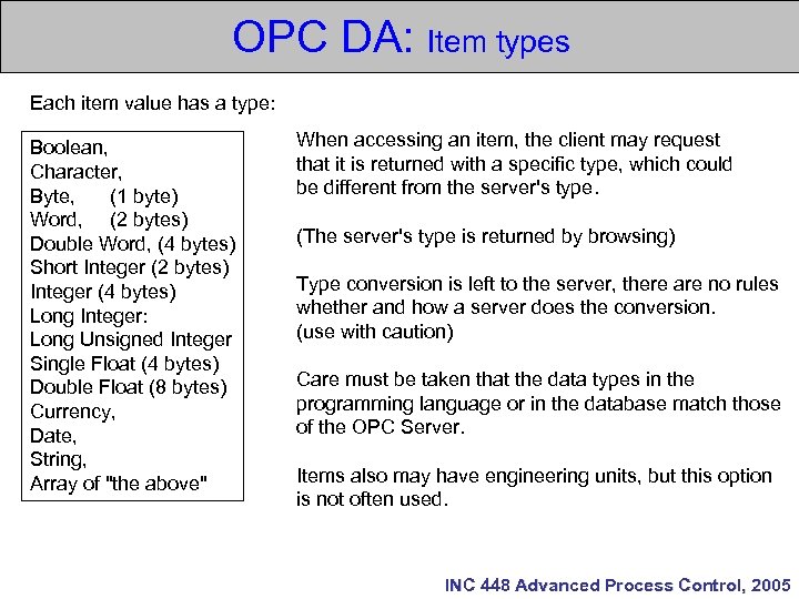 OPC DA: Item types Each item value has a type: Boolean, Character, Byte, (1