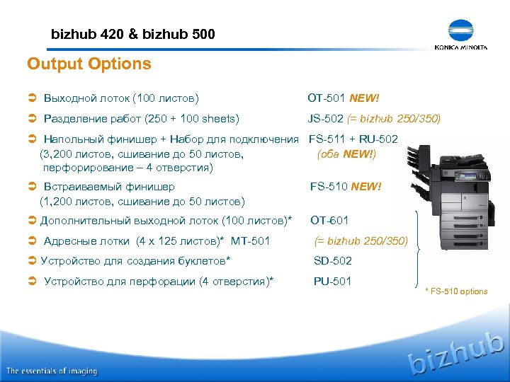 bizhub 420 & bizhub 500 Output Options Ü Выходной лоток (100 листов) OT-501 NEW!