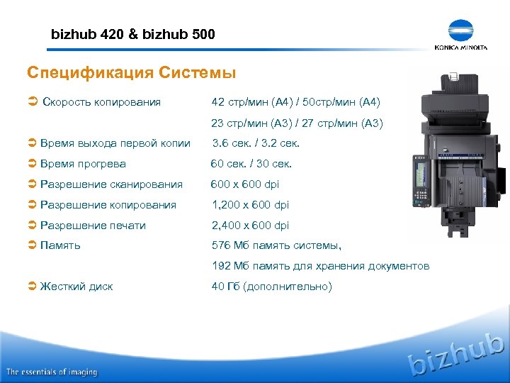 bizhub 420 & bizhub 500 Спецификация Сиcтемы Ü Скорость копирования 42 стр/мин (A 4)