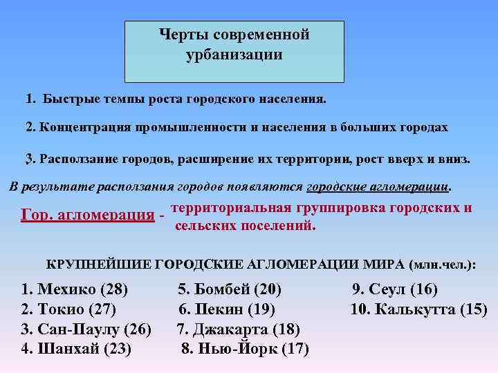 Каковы главные общие черты процесса урбанизации. Основные черты урбанизации. Три характерные черты урбанизации. Черты современной урбанизации. Особенности современной урбанизации.