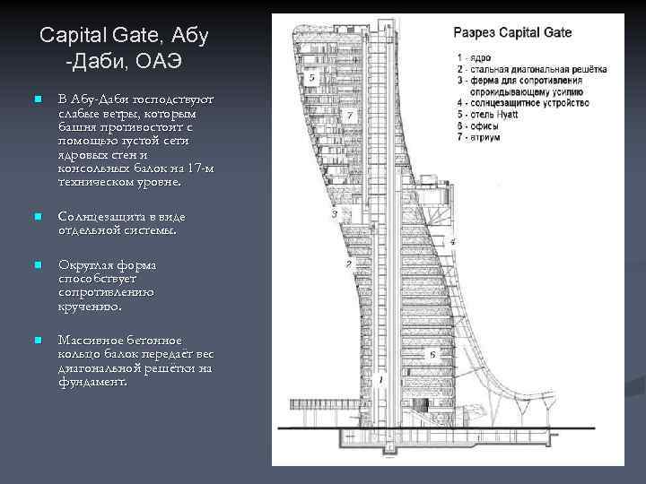 Capital Gate, Абу -Даби, ОАЭ n В Абу-Даби господствуют слабые ветры, которым башня противостоит