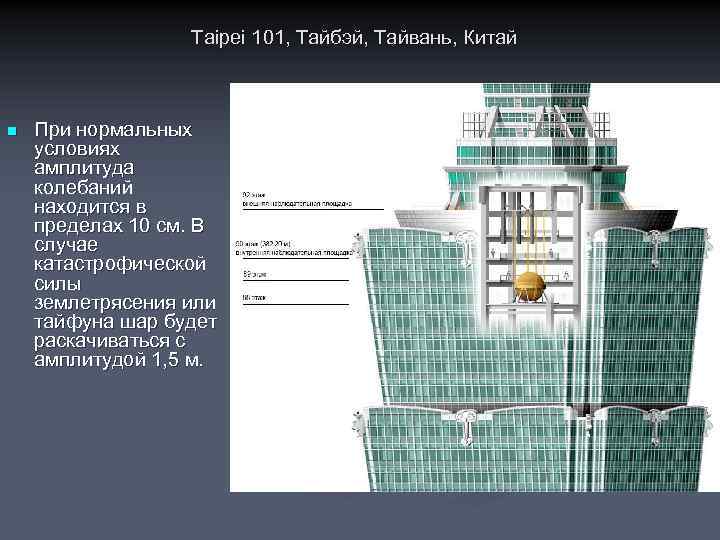 Taipei 101, Тайбэй, Тайвань, Китай n При нормальных условиях амплитуда колебаний находится в пределах