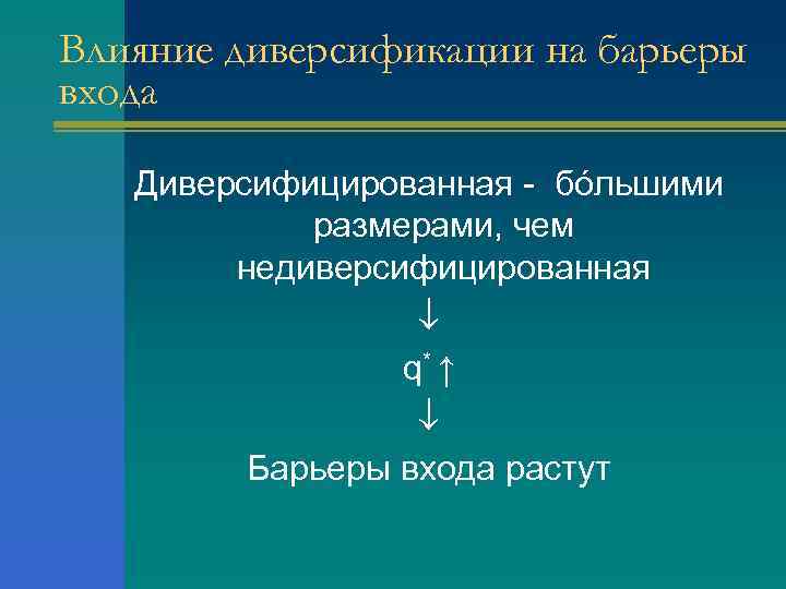 Влияние диверсификации на барьеры входа Диверсифицированная - бóльшими размерами, чем недиверсифицированная q* ↑ Барьеры