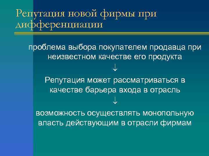 Репутация новой фирмы при дифференциации проблема выбора покупателем продавца при неизвестном качестве его продукта