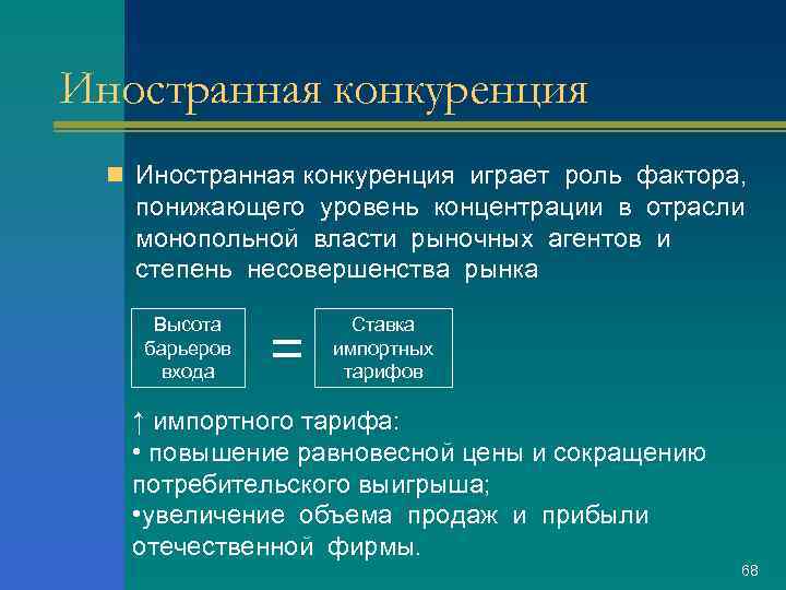 Иностранная конкуренция n Иностранная конкуренция играет роль фактора, понижающего уровень концентрации в отрасли монопольной