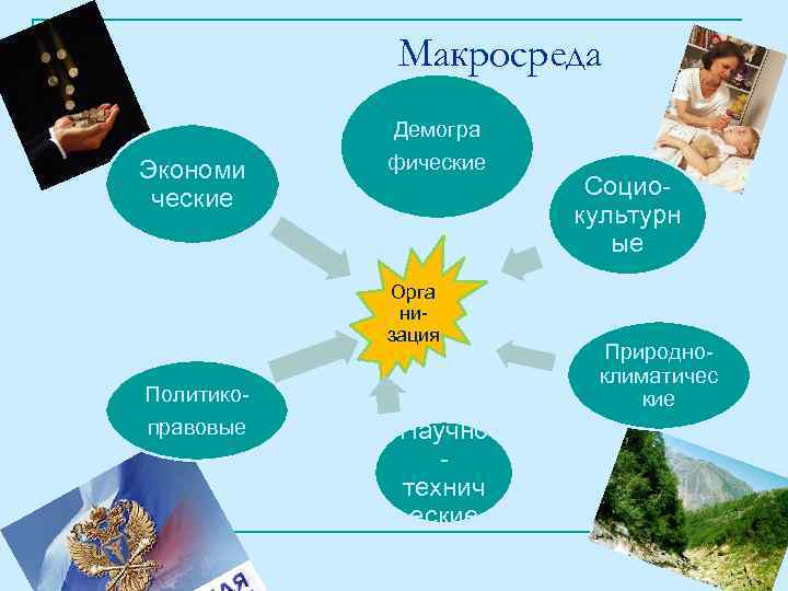 Макросреда Экономи ческие Демогра фические Орга низация Политикоправовые Научно технич еские Социокультурн ые Природноклиматичес