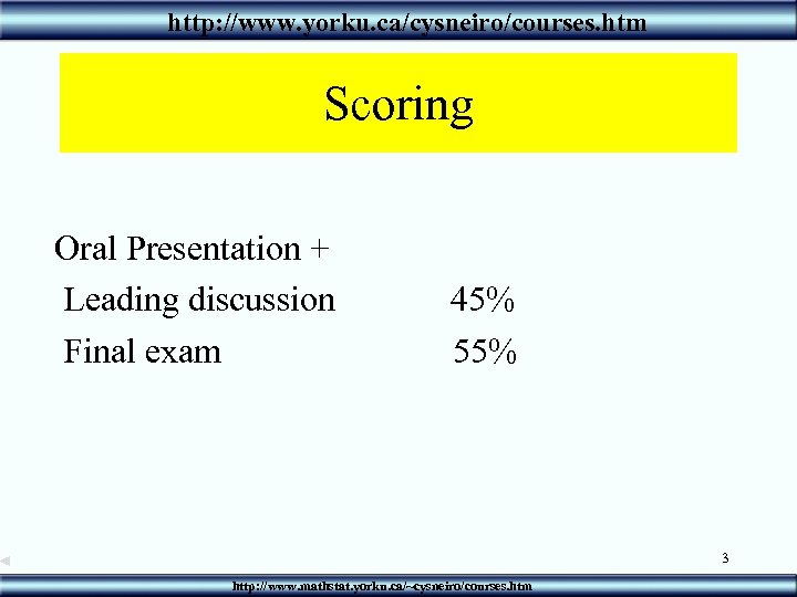 http: //www. yorku. ca/cysneiro/courses. htm Scoring Oral Presentation + Leading discussion 45% Final exam