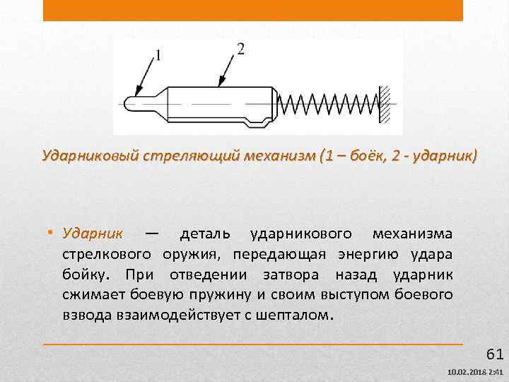 Ударниковый стреляющий механизм (1 – боёк, 2 - ударник) • Ударник — деталь ударникового