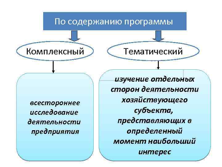 По содержанию программы Комплексный Тематический всестороннее исследование деятельности предприятия изучение отдельных сторон деятельности хозяйствующего