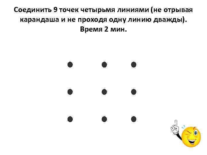 Соединить 9 точек четырьмя линиями (не отрывая карандаша и не проходя одну линию дважды).