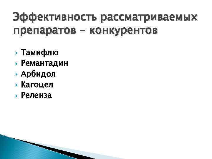 Эффективность рассматриваемых препаратов - конкурентов Тамифлю Ремантадин Арбидол Кагоцел Реленза 