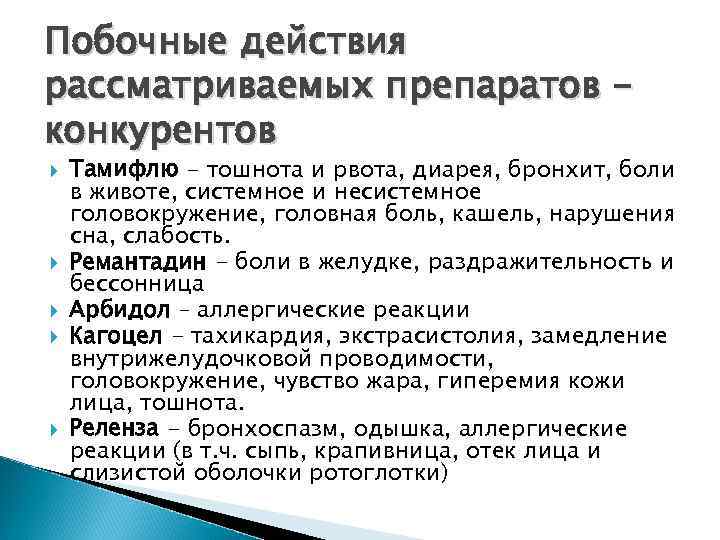 Побочные действия рассматриваемых препаратов конкурентов Тамифлю - тошнота и рвота, диарея, бронхит, боли в