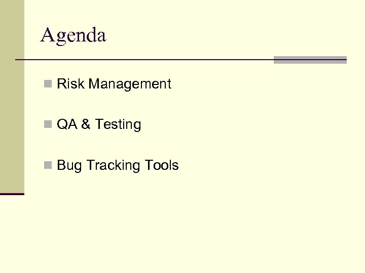 Agenda n Risk Management n QA & Testing n Bug Tracking Tools 