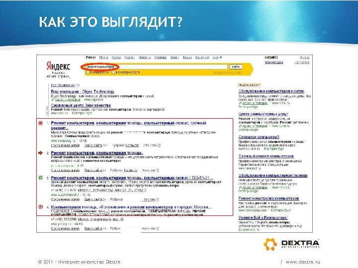 КАК ЭТО ВЫГЛЯДИТ? Пример. Кто поможет починить сломавшийся компьютер? © 2011 – Интернет-агентство Dextra