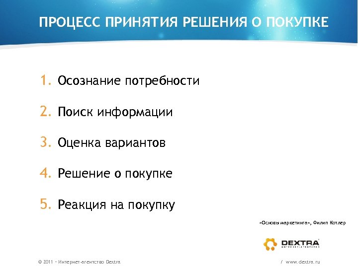 ПРОЦЕСС ПРИНЯТИЯ РЕШЕНИЯ О ПОКУПКЕ 1. Осознание потребности 2. Поиск информации 3. Оценка вариантов
