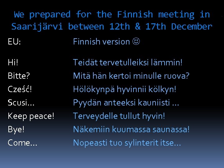 We prepared for the Finnish meeting in. Saarijärvi between 12 th & 17 th