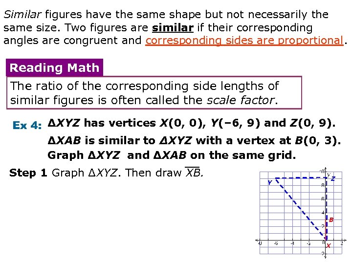 Similar figures have the same shape but not necessarily the same size. Two figures