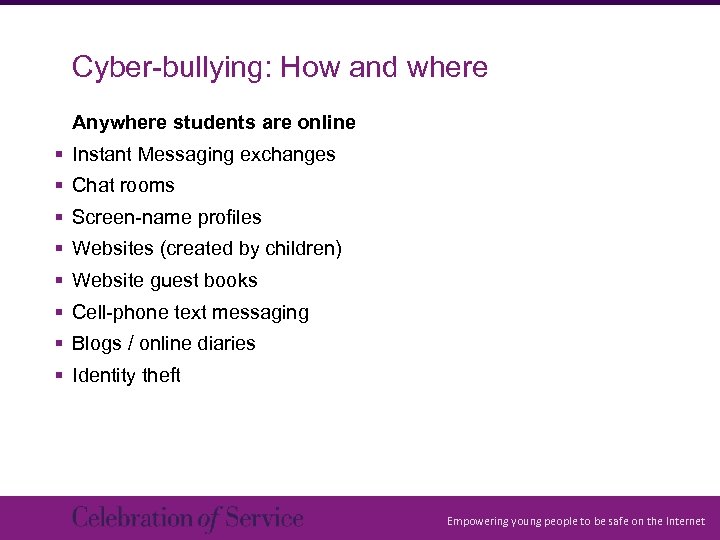 Cyber-bullying: How and where Anywhere students are online § Instant Messaging exchanges § Chat