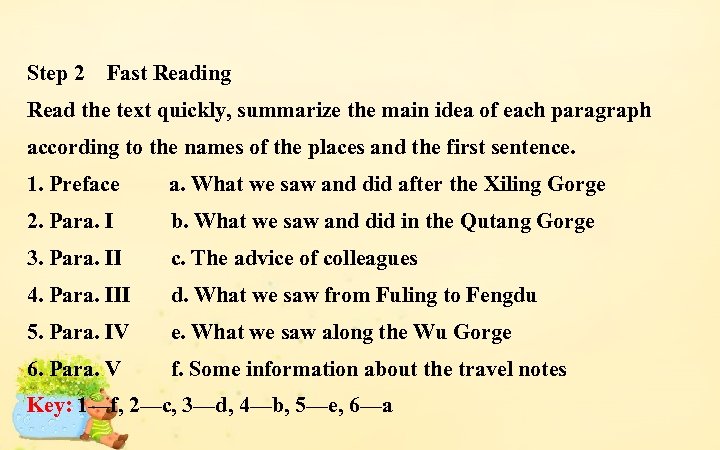 Step 2　Fast Reading Read the text quickly, summarize the main idea of each paragraph