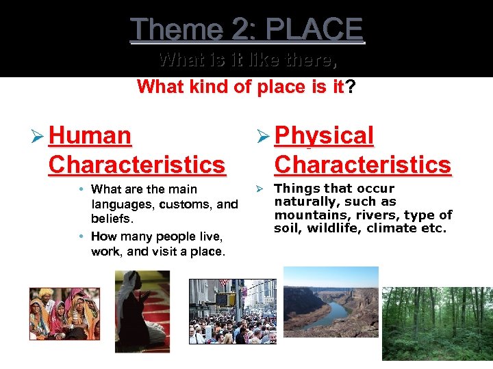 Theme 2: PLACE What is it like there, What kind of place is it?