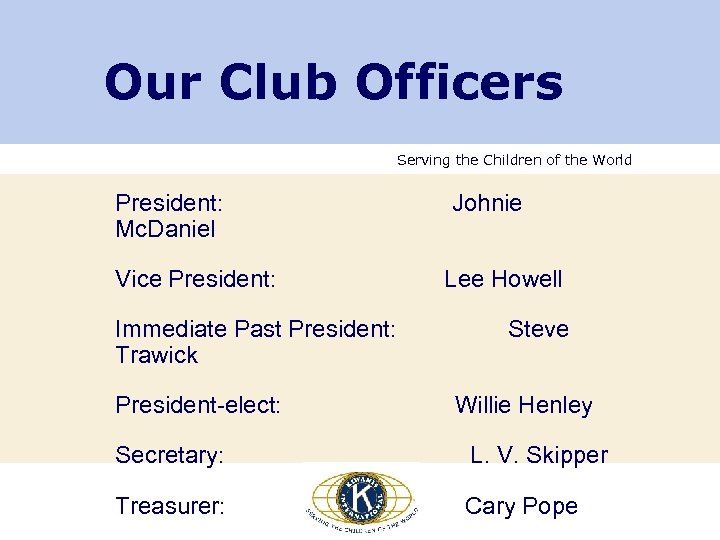 Our Club Officers Serving the Children of the World President: Mc. Daniel Vice President: