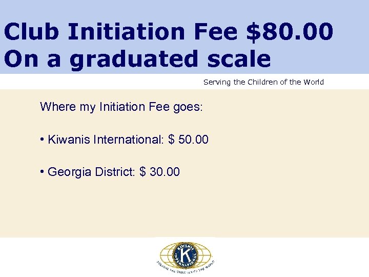 Club Initiation Fee $80. 00 On a graduated scale Serving the Children of the