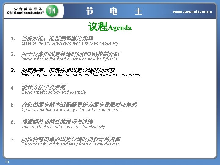 www. onsemi. com. cn 议程Agenda 1. 2. 用于反激的固定导通时间(FON)控制介绍 3. 固定频率、准谐振和固定导通时间比较 4. 设计方法学及示例 5. 将您的固定频率适配器更新为固定导通时间模式