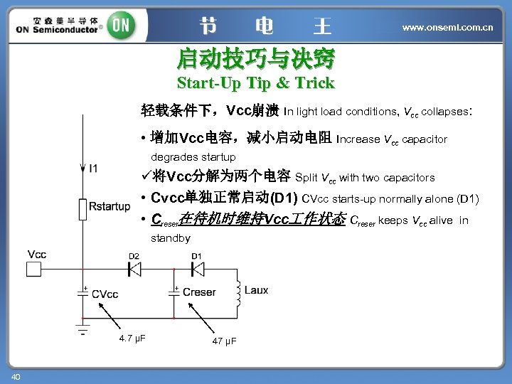 www. onsemi. com. cn 启动技巧与决窍 Start-Up Tip & Trick 轻载条件下，Vcc崩溃 In light load conditions,