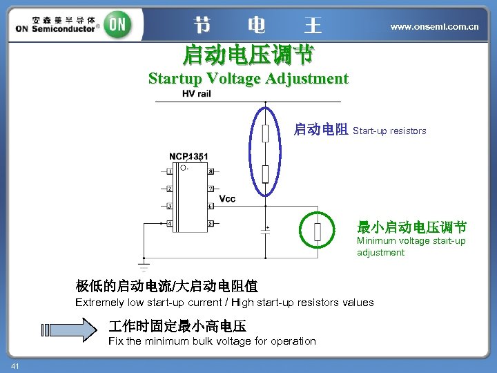 www. onsemi. com. cn 启动电压调节 Startup Voltage Adjustment 启动电阻 Start-up resistors 最小启动电压调节 Minimum voltage