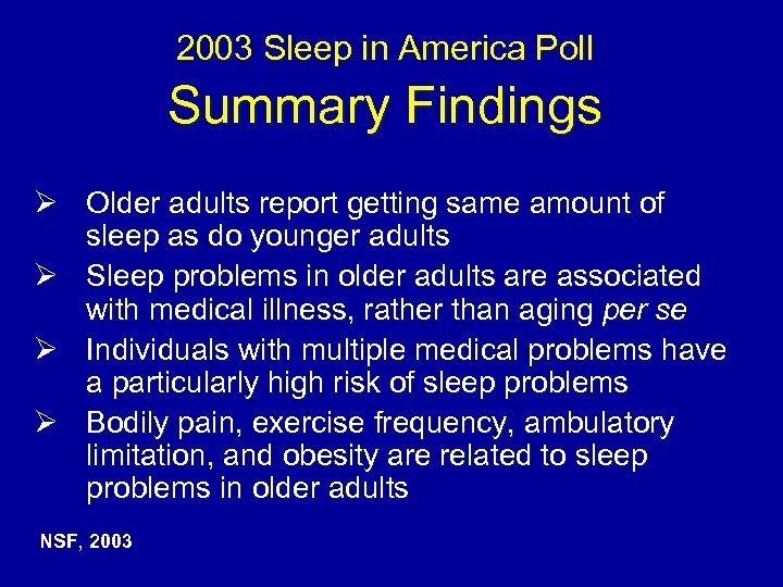 2003 Sleep in America Poll Summary Findings Ø Older adults report getting same amount