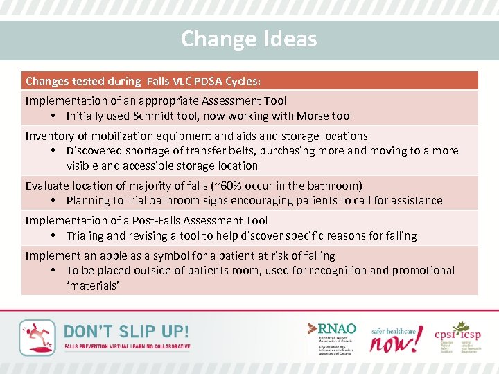 Change Ideas Changes tested during Falls VLC PDSA Cycles: Implementation of an appropriate Assessment