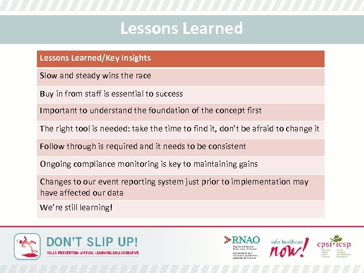 Lessons Learned/Key Insights Slow and steady wins the race Buy in from staff is