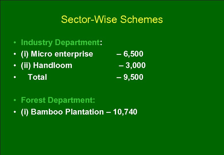 Sector-Wise Schemes • Industry Department: • (i) Micro enterprise • (ii) Handloom • Total